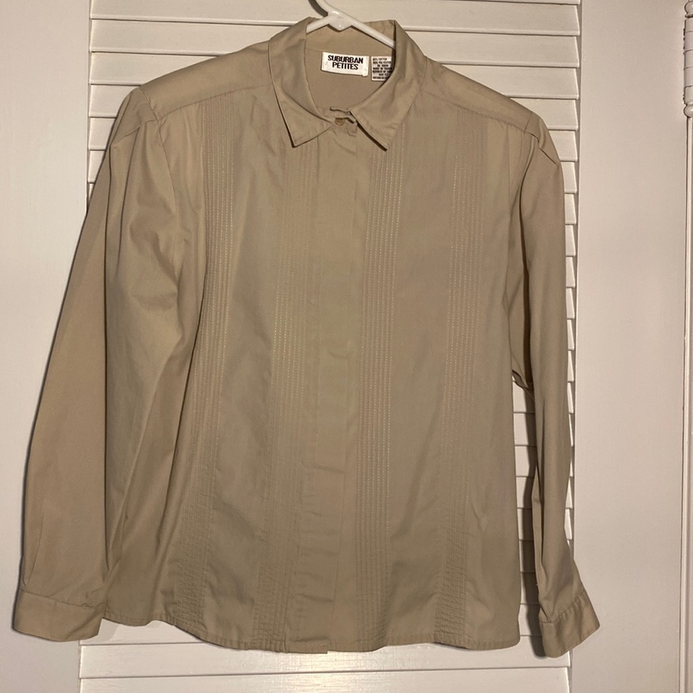 Suburban Petites 12 Vintage dressy beige, covered placket. Four rows pintucks